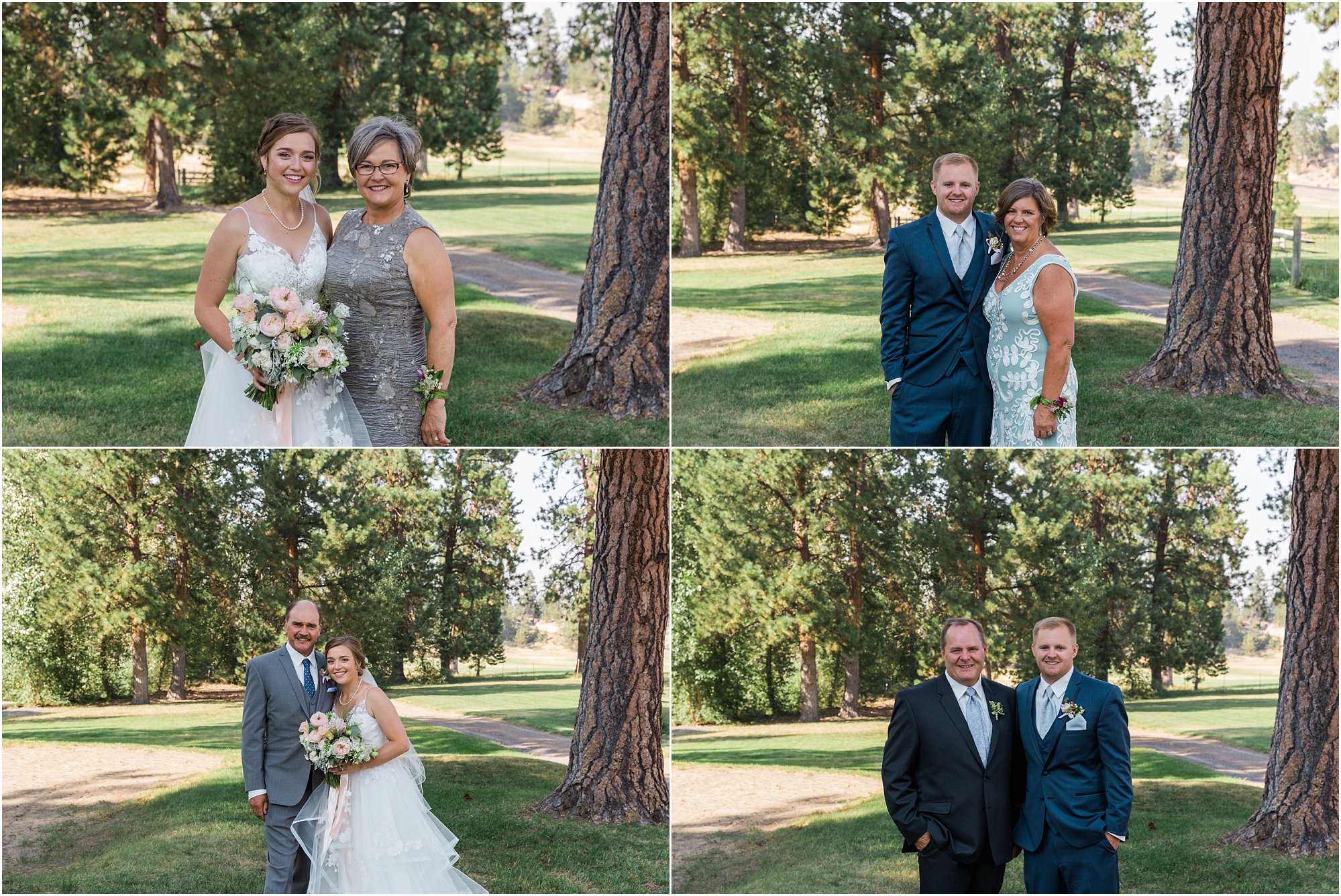 The bride poses with her mom and her dad, and the groom does the same at this gorgeous Central Oregon wedding. | Erica Swantek Photography