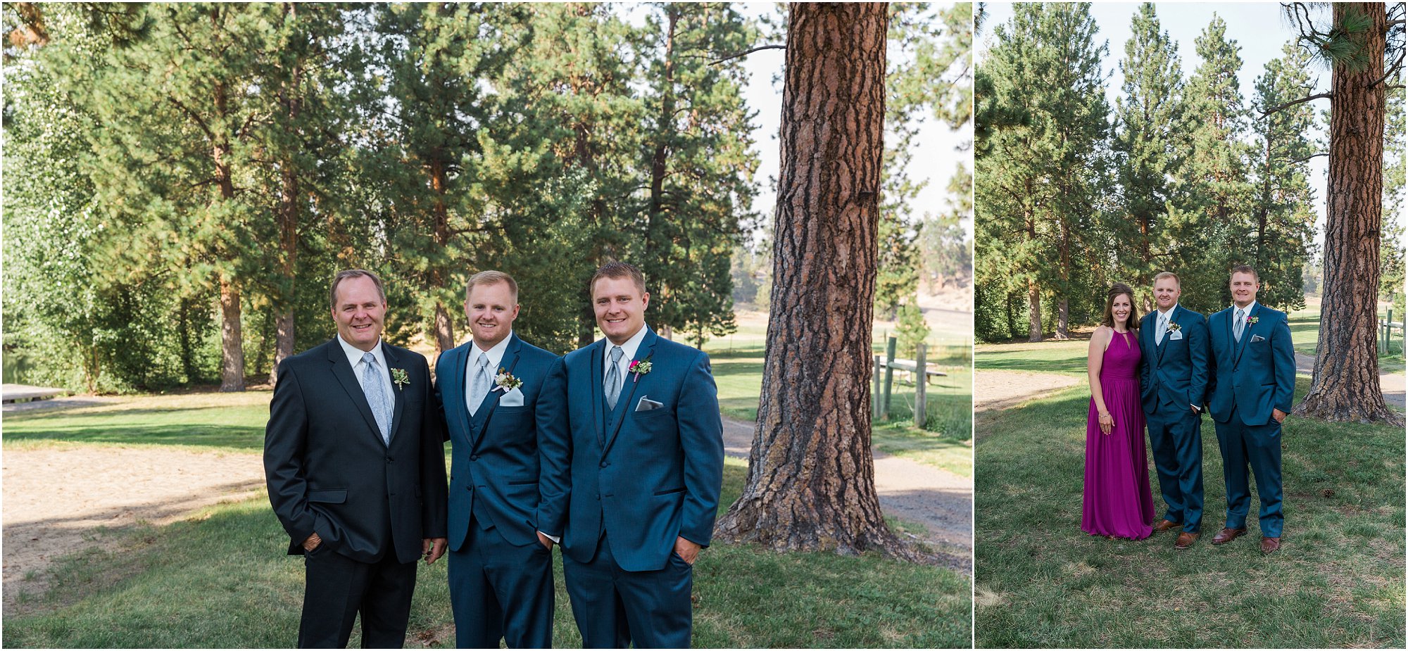 The groom, his brother, his sister and his father pose for a formal portrait at his Bend, Oregon outdoor wedding. | Erica Swantek Photography
