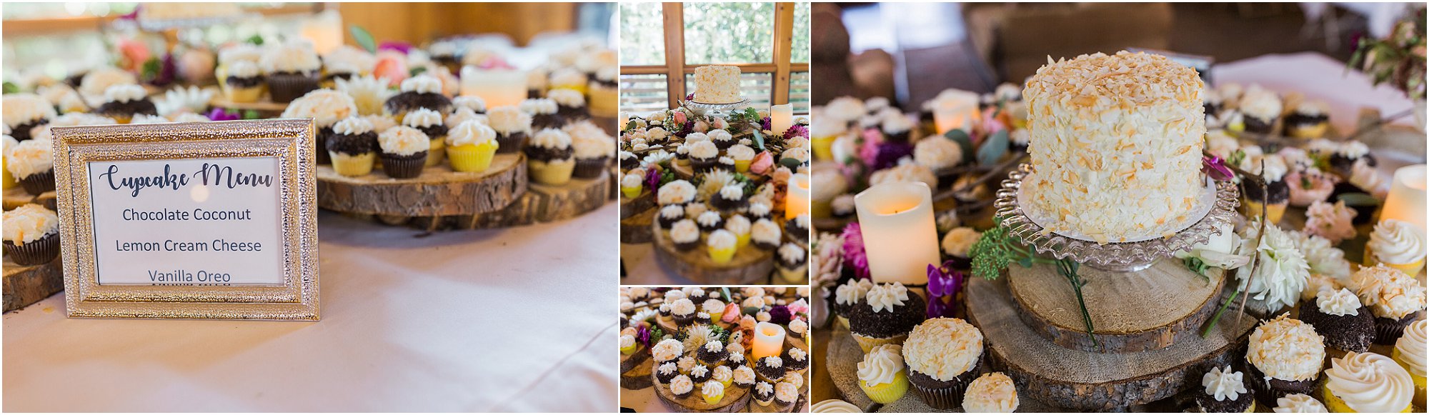 A beautiful table filled with delicious Ida's cupcakes and cake at the gorgeous Rock Springs Ranch wedding venue in Bend, Oregon. | Erica Swantek Photography