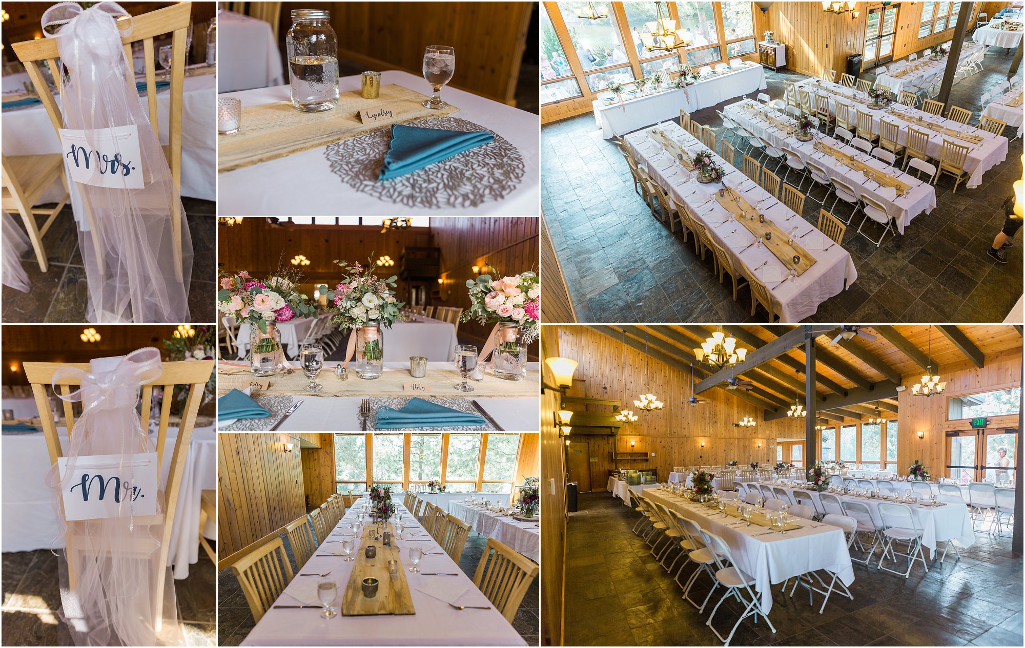 The rustic wooden interior of Bend, Oregon's Rock Springs Ranch wedding venue set up for indoor dining. | Erica Swantek Photography