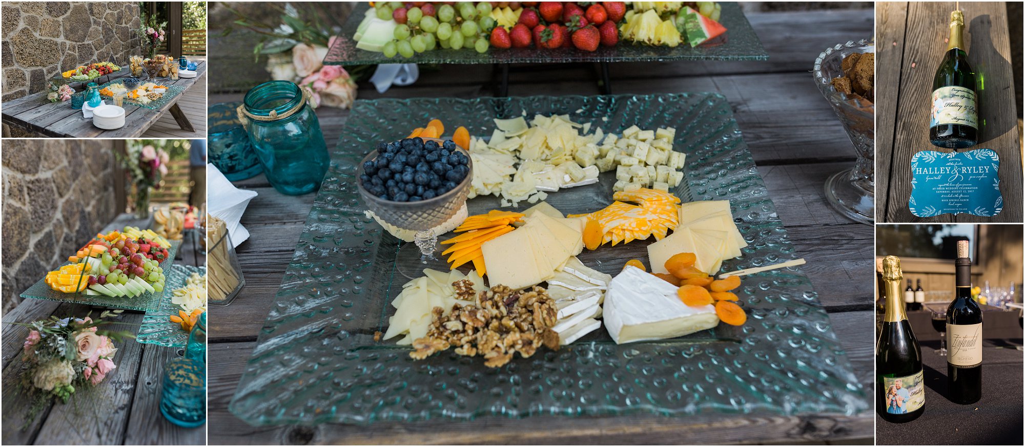 A beautiful spread of cheese, fruit & olives greets guests during the cocktail hour at this rustic outdoor Rock Springs Ranch wedding in Central Oregon. Photographed by Bend wedding photographer Erica Swantek Photography. 