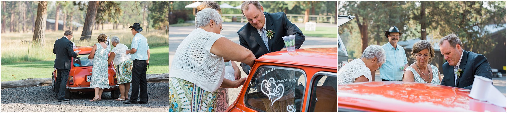 Wedding guests decorate the couple's getaway car at the rustic Rock Springs Ranch wedding venue in Tumalo, OR. | Erica Swantek Photography
