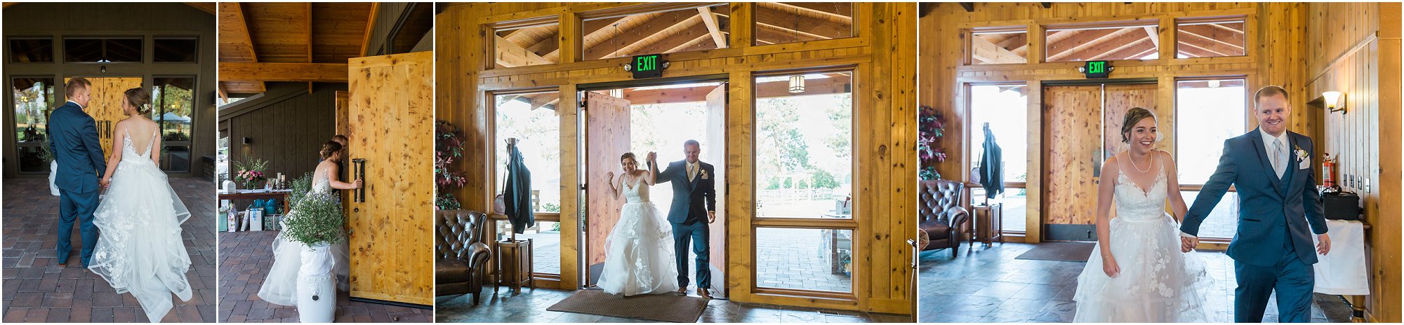 The sweet couple makes their grand entrance into the reception through the double doors of the Rock Springs Ranch wedding venue in Bend, OR. | Erica Swantek Photography