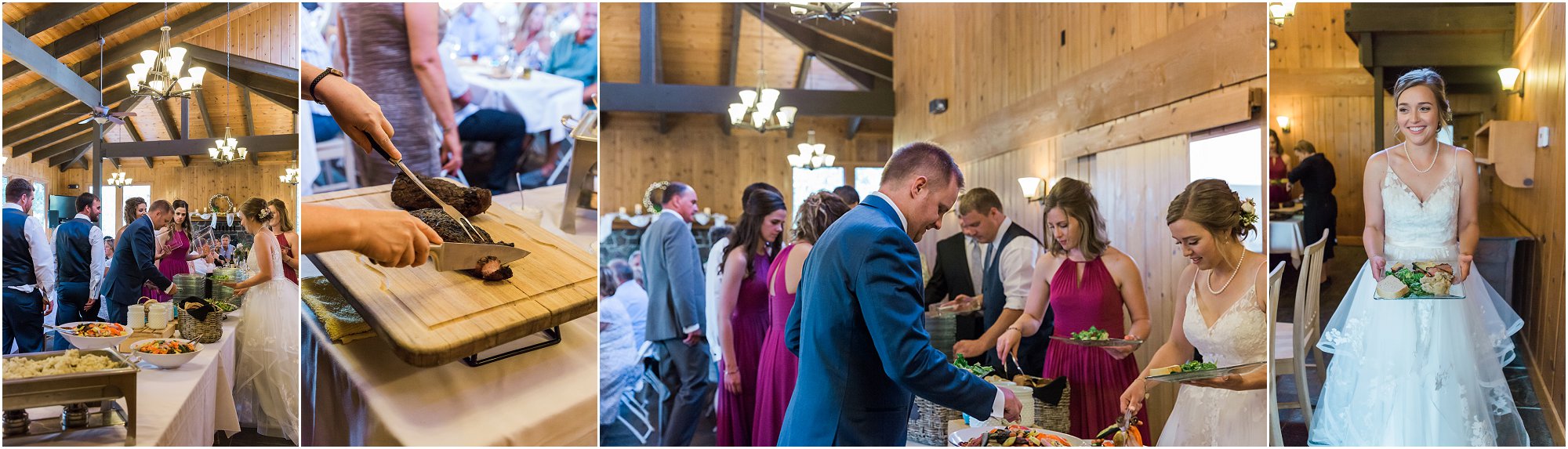 The wedding party makes their way through the buffet line provided by Bleu Bite Catering at their Rock Springs Ranch Wedding in Bend, OR. Captured by Bend wedding photographer Erica Swantek photography.