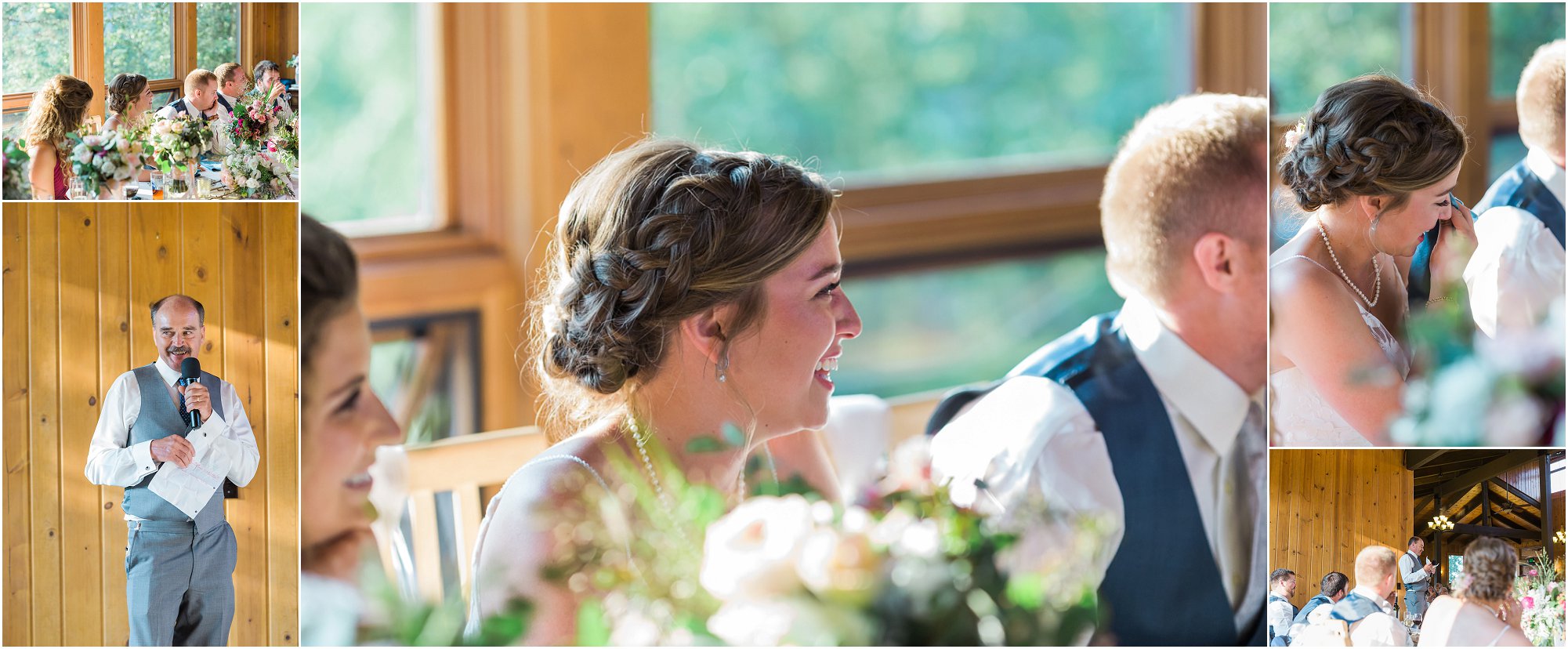 The father of the bride gives a wonderful toast in front of the big windows inside the Rock Springs Ranch wedding venue in Bend, OR. | Erica Swantek Photography