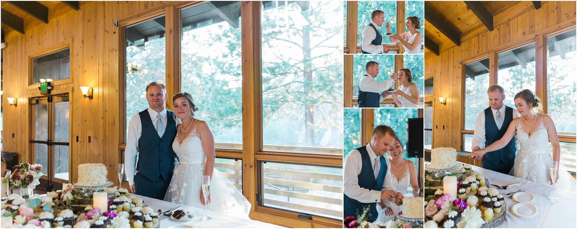 The happy couple cuts their Ida's Cupcake Cafe wedding cake before guests dine on delicious cupcakes at Rock Springs Ranch in Central Oregon. | Erica Swantek Photography