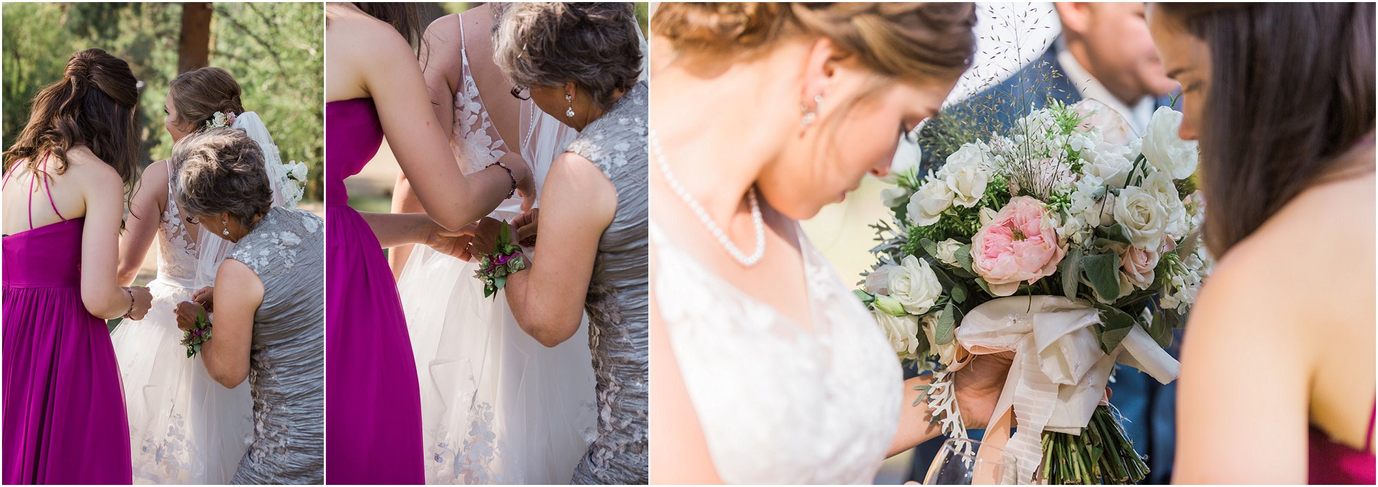 The bride's mother and sister help her bustle her wedding gown before her wedding reception at Rock Springs Ranch in Oregon, as photographed by Bend wedding photographer Erica Swantek Photography. 