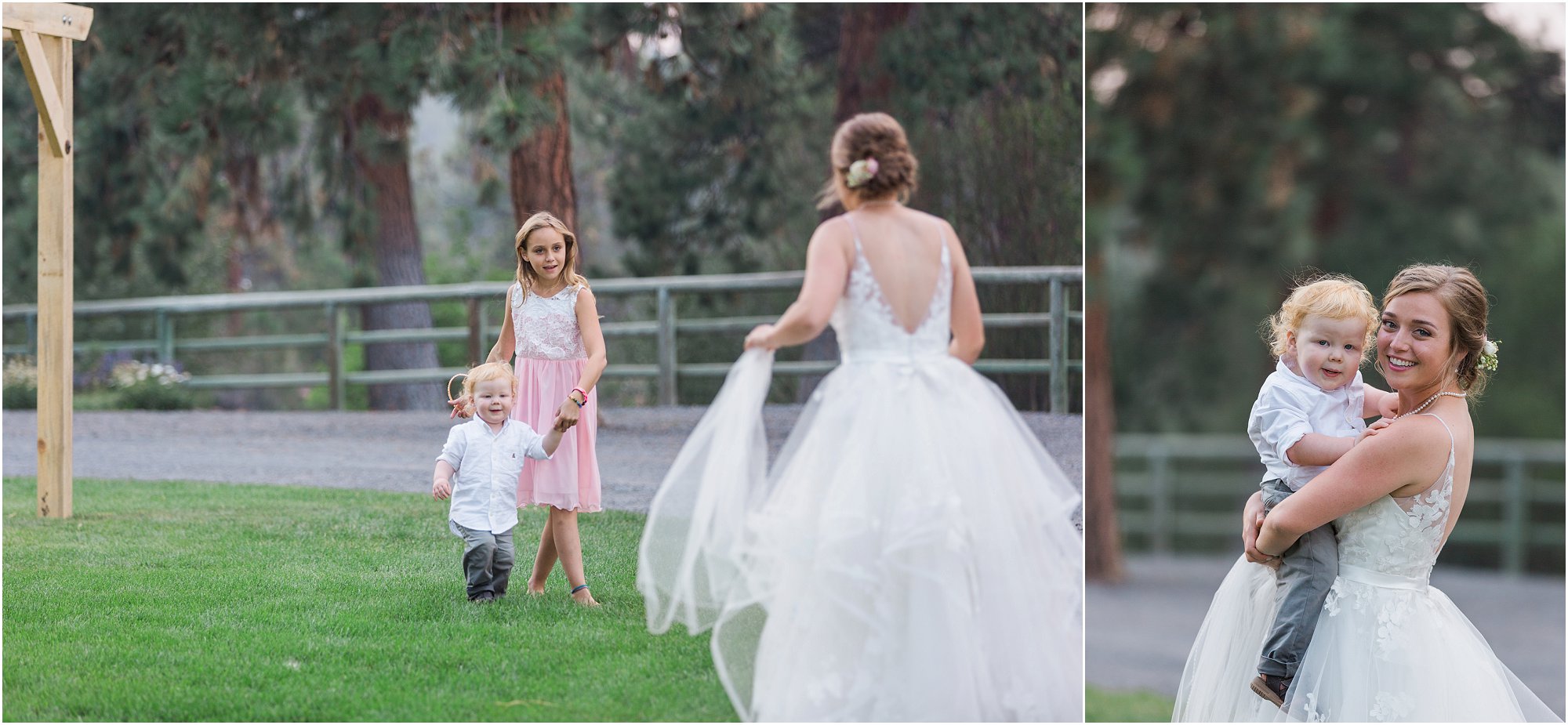 A little boy greets the bride with a big hug on her wedding day at Rock Springs Ranch in Bend, OR. | Erica Swantek Photography