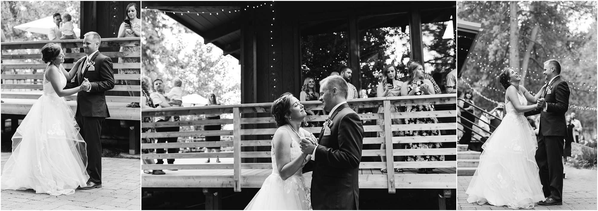 A gorgeous black and white photo of the wedding couple enjoying their first dance at the Rock Springs Ranch wedding venue outside of Bend, OR. | Erica Swantek Photography