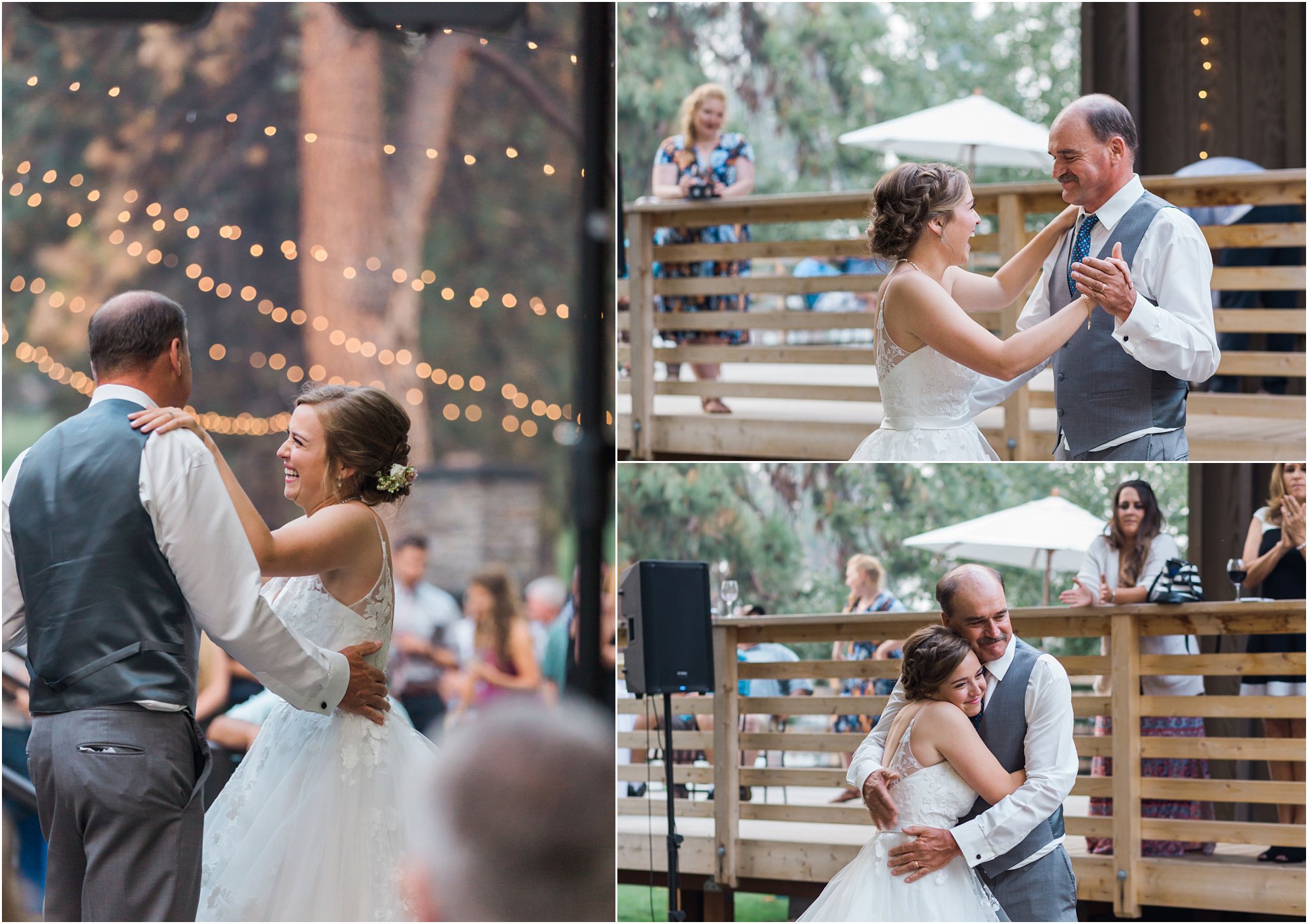 This father and daughter enjoy their dance outside under the twinkle lights at the Rock Springs Ranch wedding venue in Bend, OR. | Erica Swantek Photography