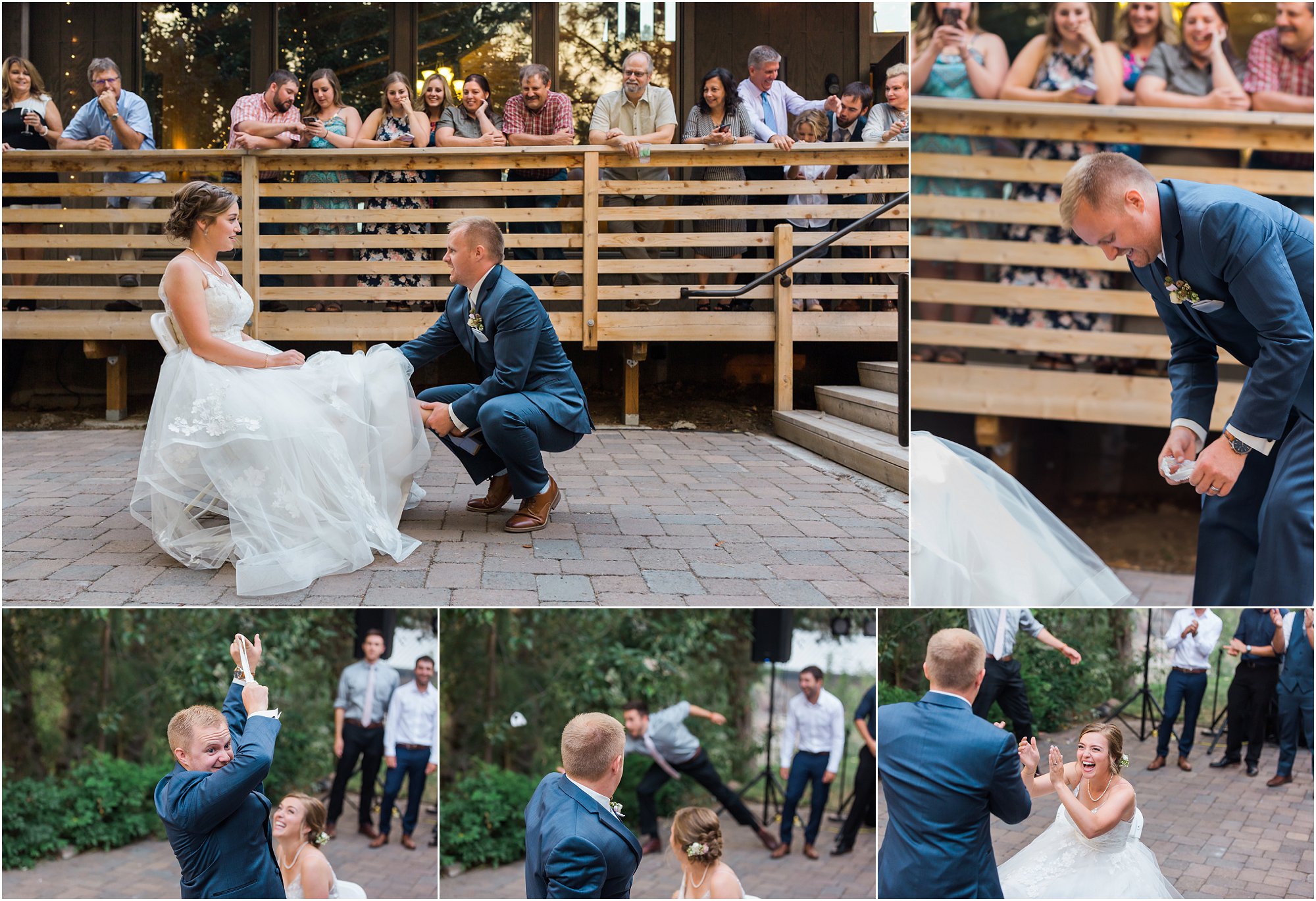 The groom goes in for the garter toss on the patio of the rustic Rock Springs Ranch wedding venue in Bend, OR. Photographed by Oregon wedding photographer Erica Swantek Photography. 