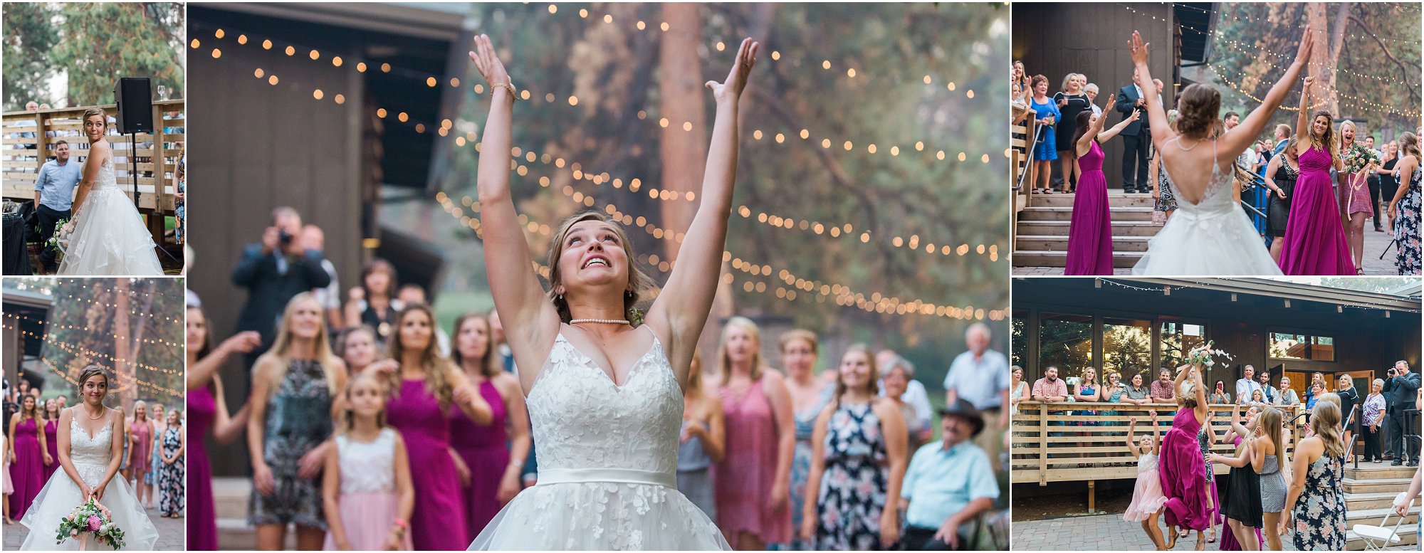 The bride really tosses the bouquet with the beautiful string lights behind her outside of the Rock Springs Ranch wedding venue in Bend, OR. | Erica Swantek Photography