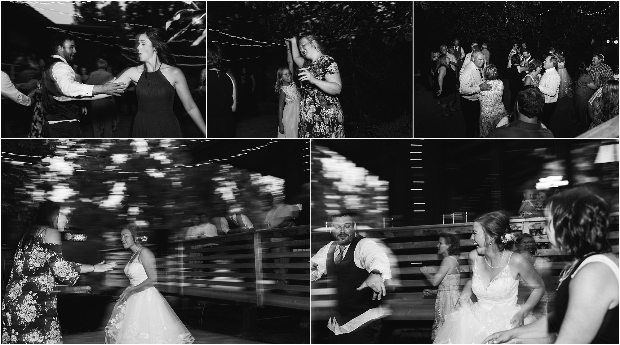 Fun black and white photos of guests dancing at an outdoor Bend Oregon wedding. | Erica Swantek Photography