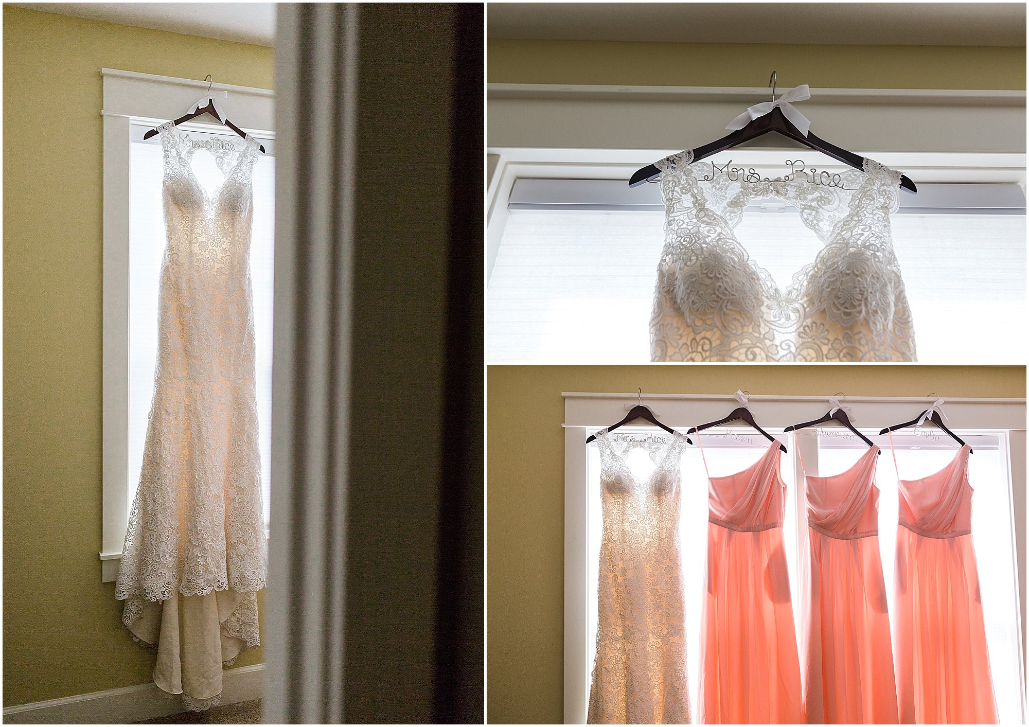 Deschutes Brewery Wedding bride's wedding dress and bridesmaid dresses in window. | Erica Swantek Photography