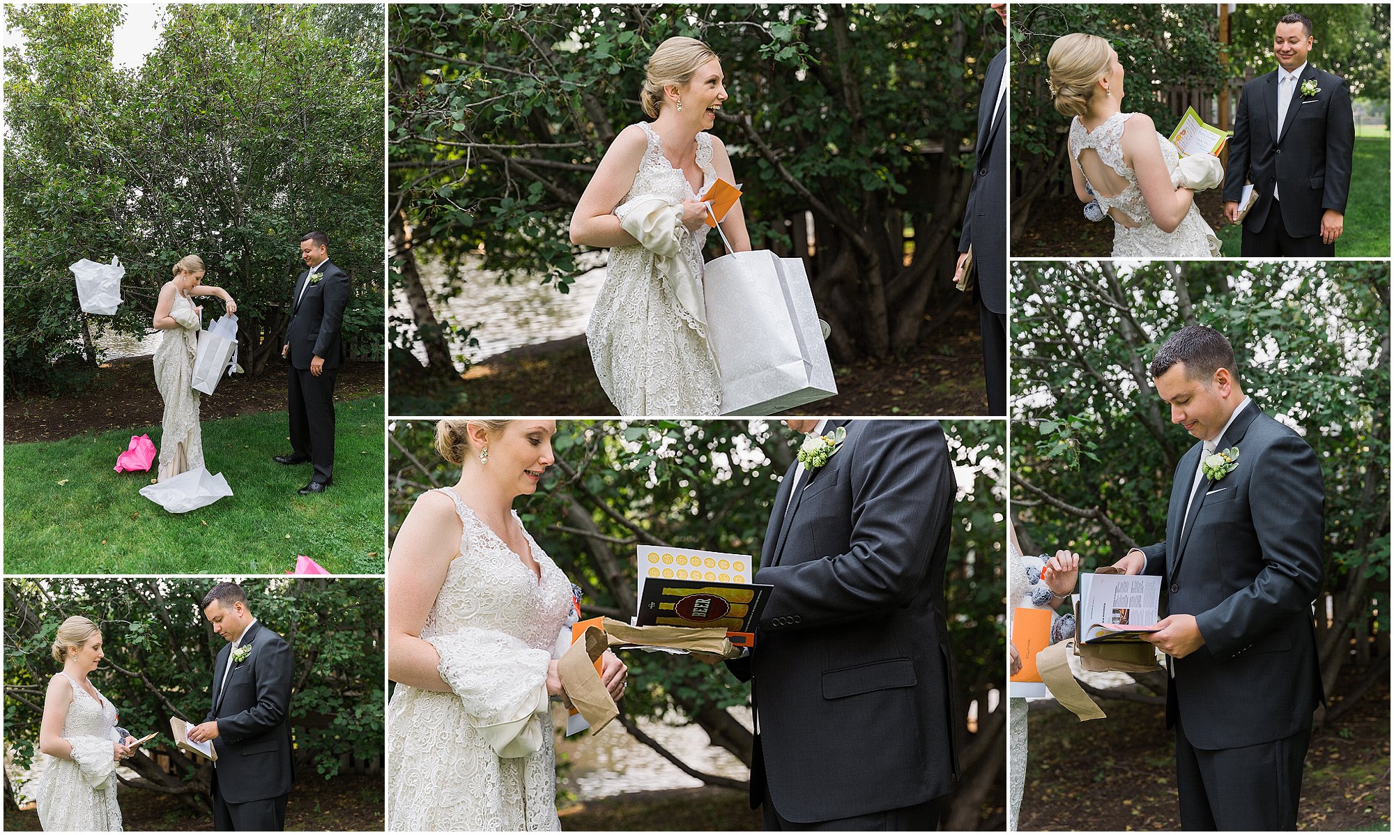 A couple exchanges gifts before their Deschutes Brewery Wedding in Bend, OR. | Erica Swantek Photography