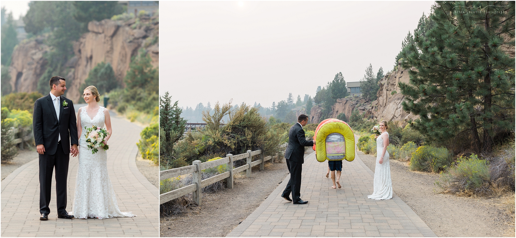 Deschutes Brewery Wedding romantic portraits along river trail in Bend. | Erica Swantek Photography