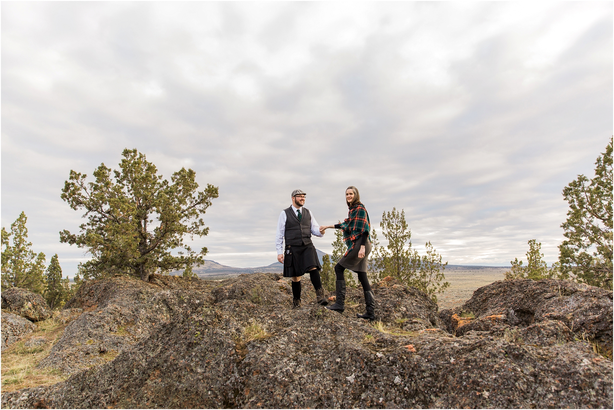 Amazing cloud formations in the sky over the Central Oregon landscape for this Scottish kilted engagement photo session by Bend Oregon wedding photographer Erica Swantek Photography. 