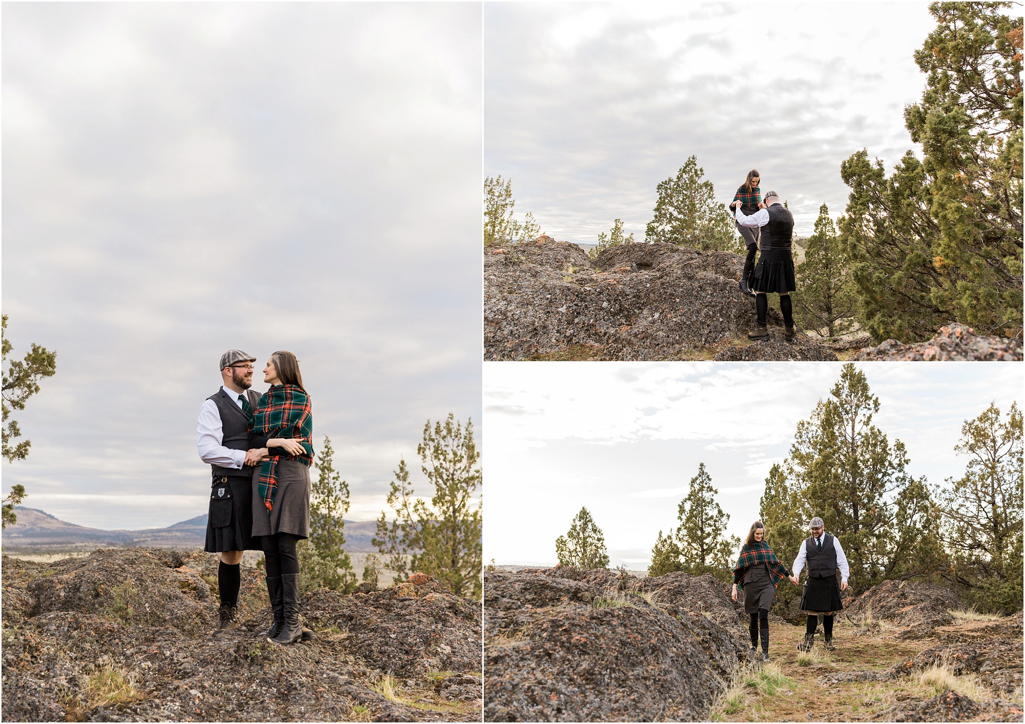 A couple poses in the Crooked River Grasslands in Oregon for their engagement session near Bend, Oregon. | Erica Swantek Photography