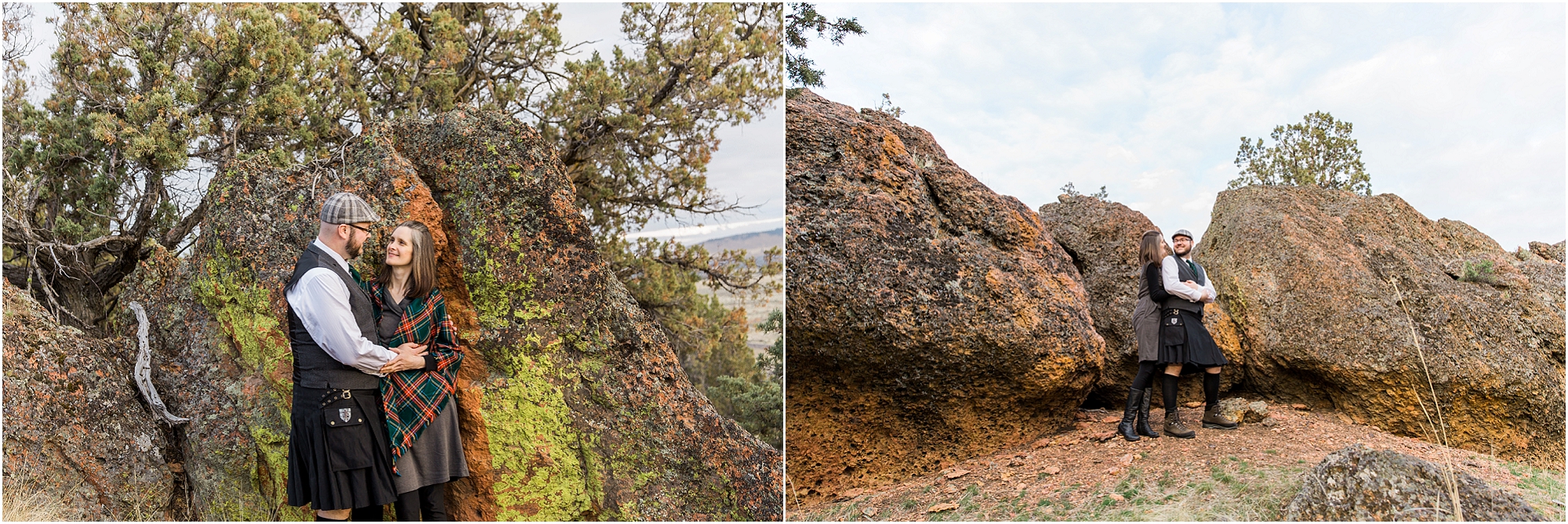 Mossy mustard colored lichen grow on amazing volcanic rocks in the high desert of Oregon, a perfect backdrop for a gorgeous spring engagement photo session near Bend, Oregon. | Erica Swantek Photography