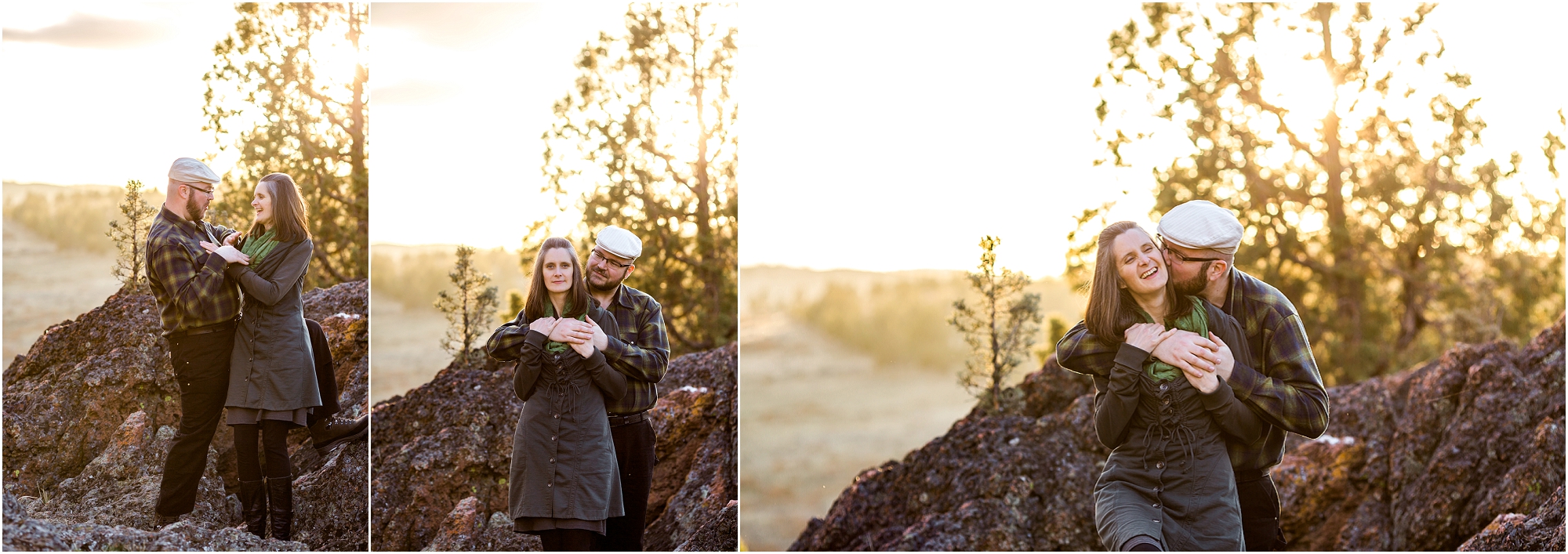 Amazing golden hour sunset light blankets this flannel wearing couple during their Bend Oregon engagement photo session. | Erica Swantek Photography