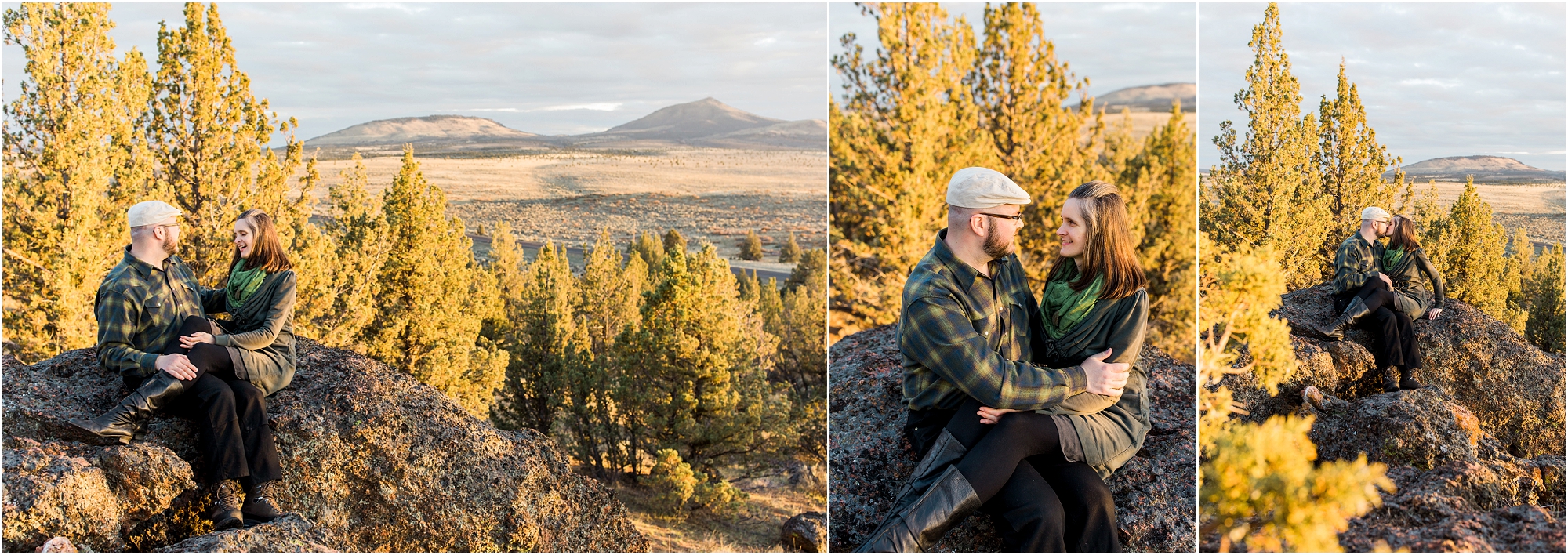 The green junipers turn golden as the sun sets during a desert engagement photo session by Bend Oregon wedding photographer Erica Swantek Photography. 