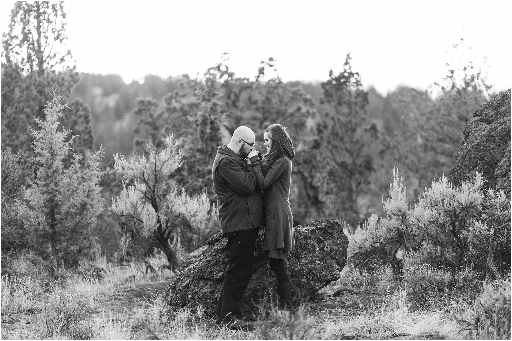 Gorgeous black and white engagement session image created by Bend Oregon wedding photographer Erica Swantek Photography.