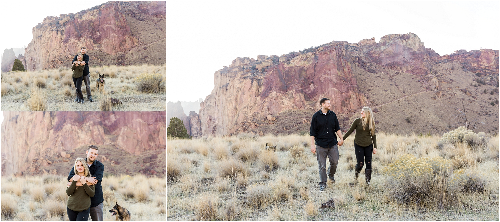 A gorgeous couple poses for engagement photos at Smith Rock State Park near Bend, Oregon. | Erica Swantek Photography
