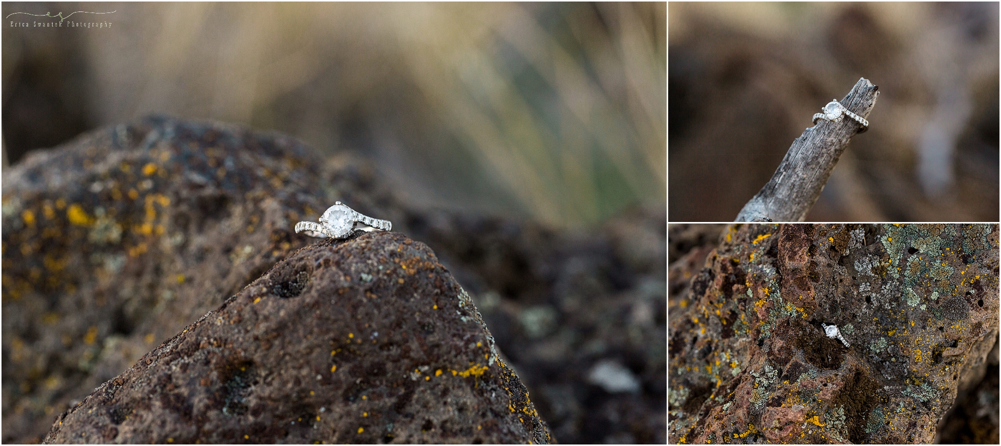 A shiny diamond engagement ring sparkles during these engagement photos at Smith Rock State Park in Oregon. | Erica Swantek Photography