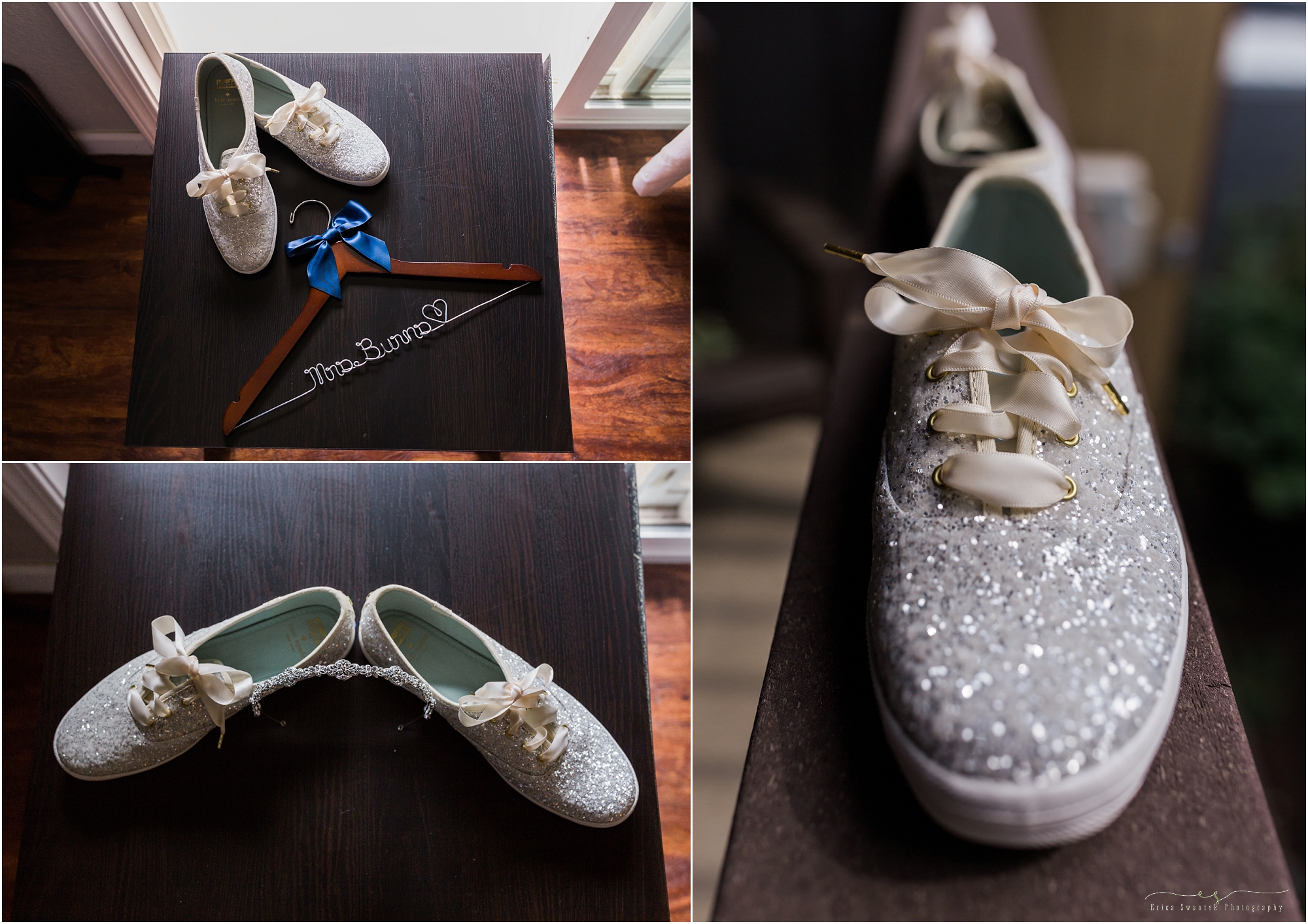 The bride wears sparkly champagne sneakers for this Worthy Brewing Wedding in Bend Oregon. | Erica Swantek Photography