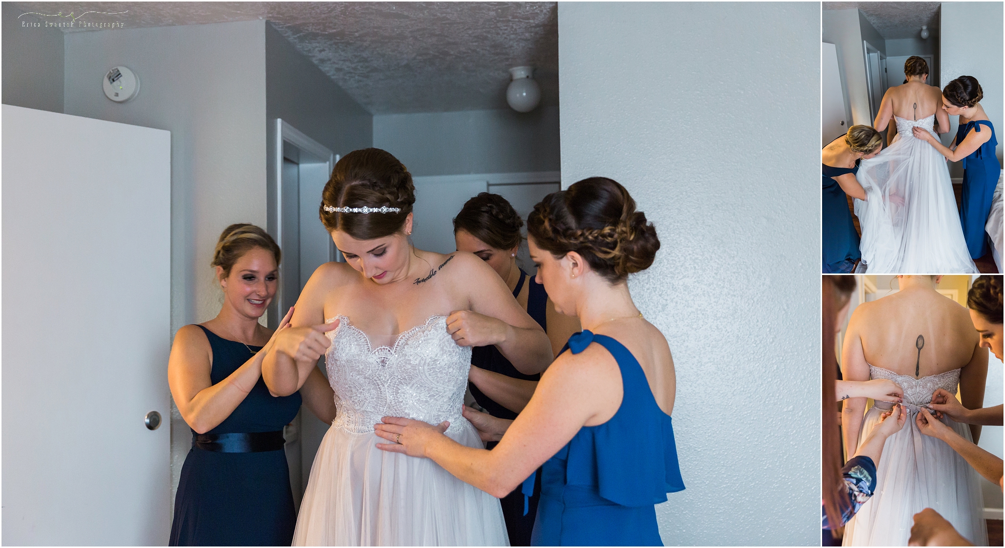 A gorgeous bride steps into her Della by Wtoo gown with the help of her bridesmaids wearing cobalt blue dresses from Lulus. Photographed by Bend Oregon wedding photographer Erica Swantek Photography. 