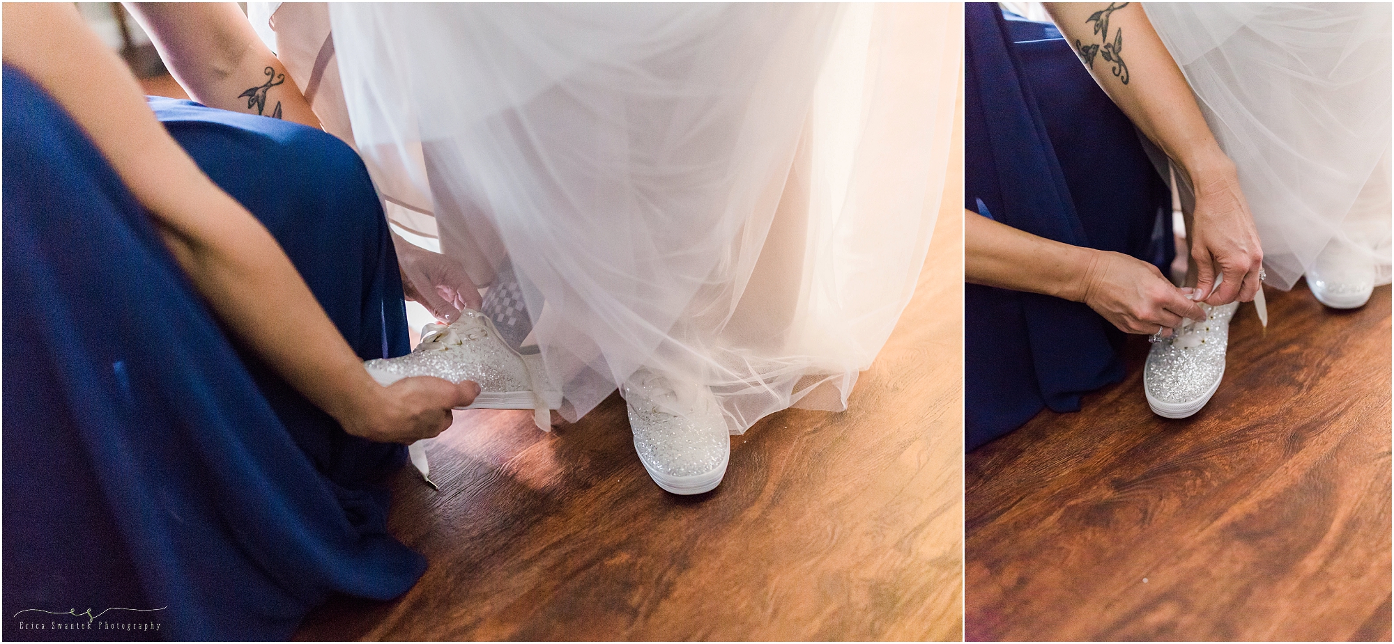 A bride steps into her champagne sparkle Kate Spade Keds tennis shoes as she readies for her Worthy Brewing Wedding in Bend Oregon. | Erica Swantek Photography