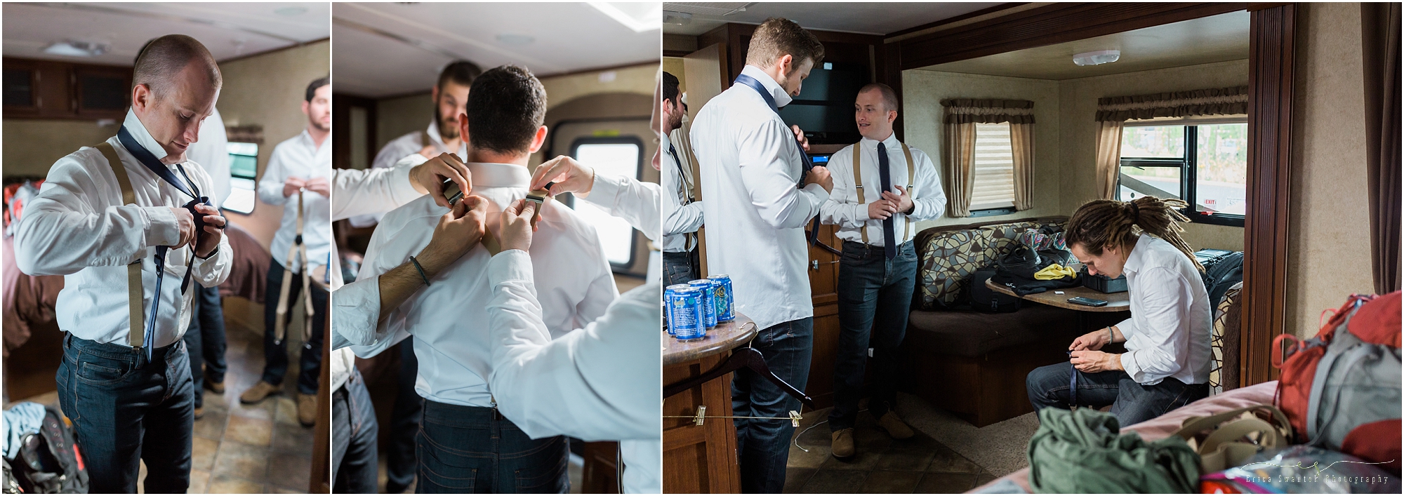 The groomsmen put on their cobalt blue bowties and suspenders from Luther Pike Seattle before this Worthy Brewing Wedding in Bend Oregon. Photographed by Bend Wedding Photographer Erica Swantek Photography. 