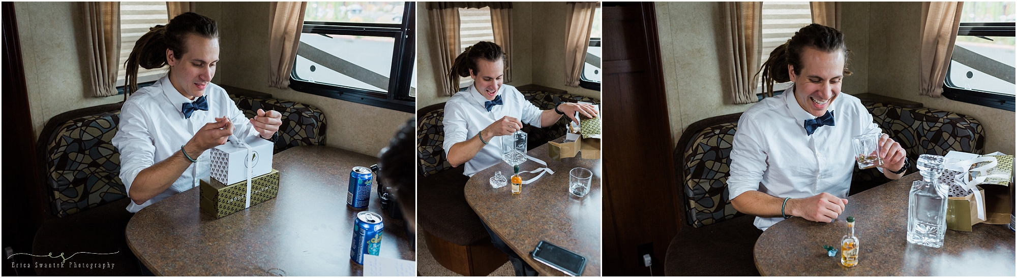 The groom opens his custom whiskey decanter from his bride at this Worthy Brewing wedding in Bend Oregon. | Erica Swantek Photography