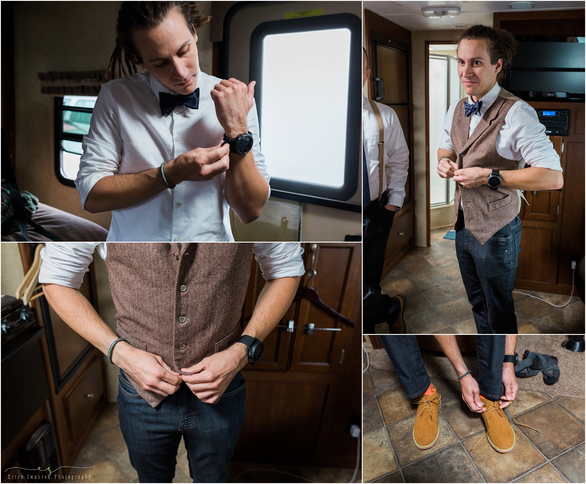 A groom puts on his vest and suede camel Bruno Mark Moda Italy Urban lace up shoes as he readies for his wedding in Bend Oregon. | Erica Swantek Photography