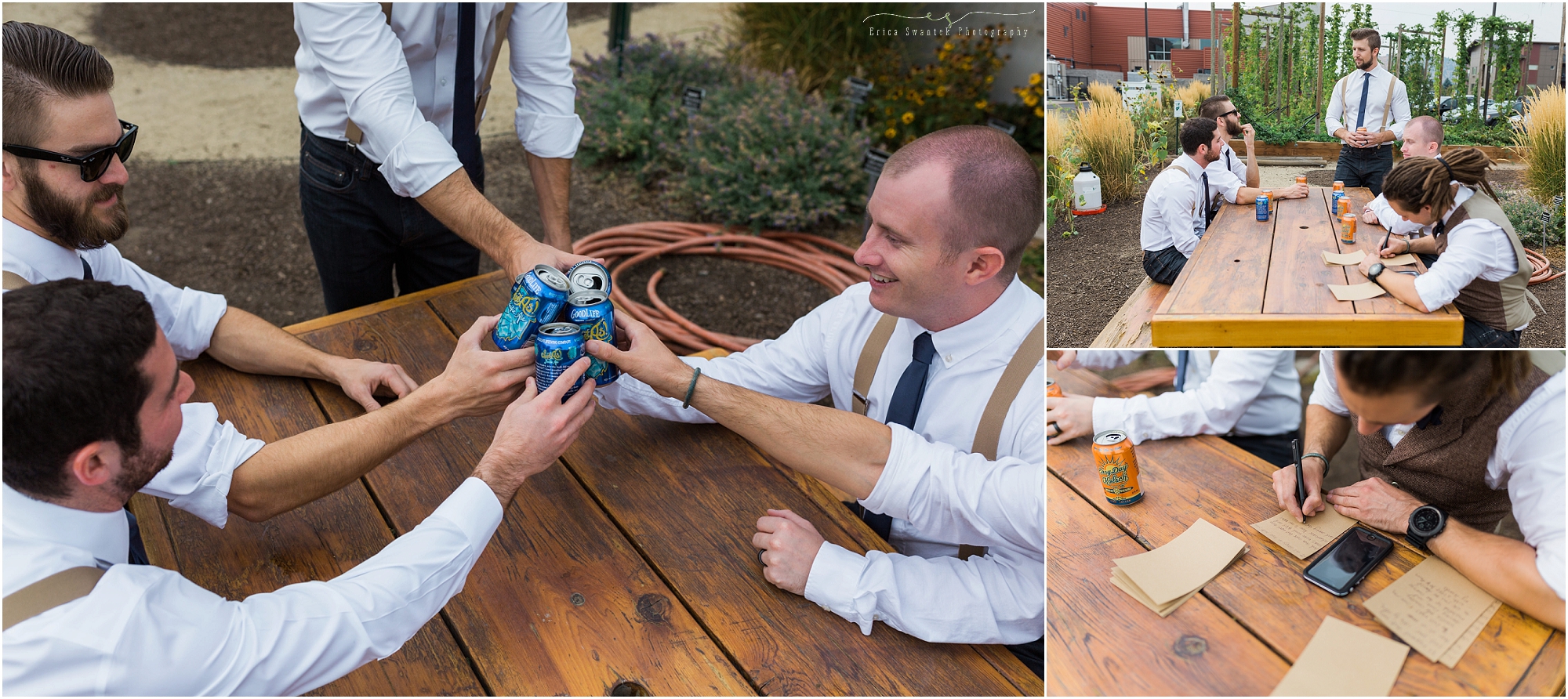 The groom and groomsmen all enjoy a local craft beer in the Hop Garden before this Worthy Brewing Wedding in Bend Oregon. | Erica Swantek Photography