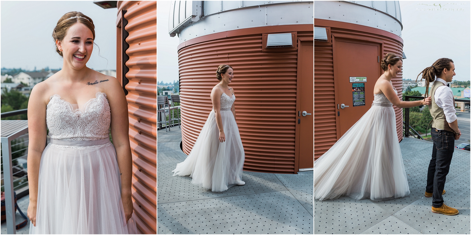 The bride, wearing the gorgeous ivory gown Della by Wtoo, walks towards her groom outside of the Hopservatory for their first look at a Worthy Brewing Wedding in Bend Oregon. | Erica Swantek Photography
