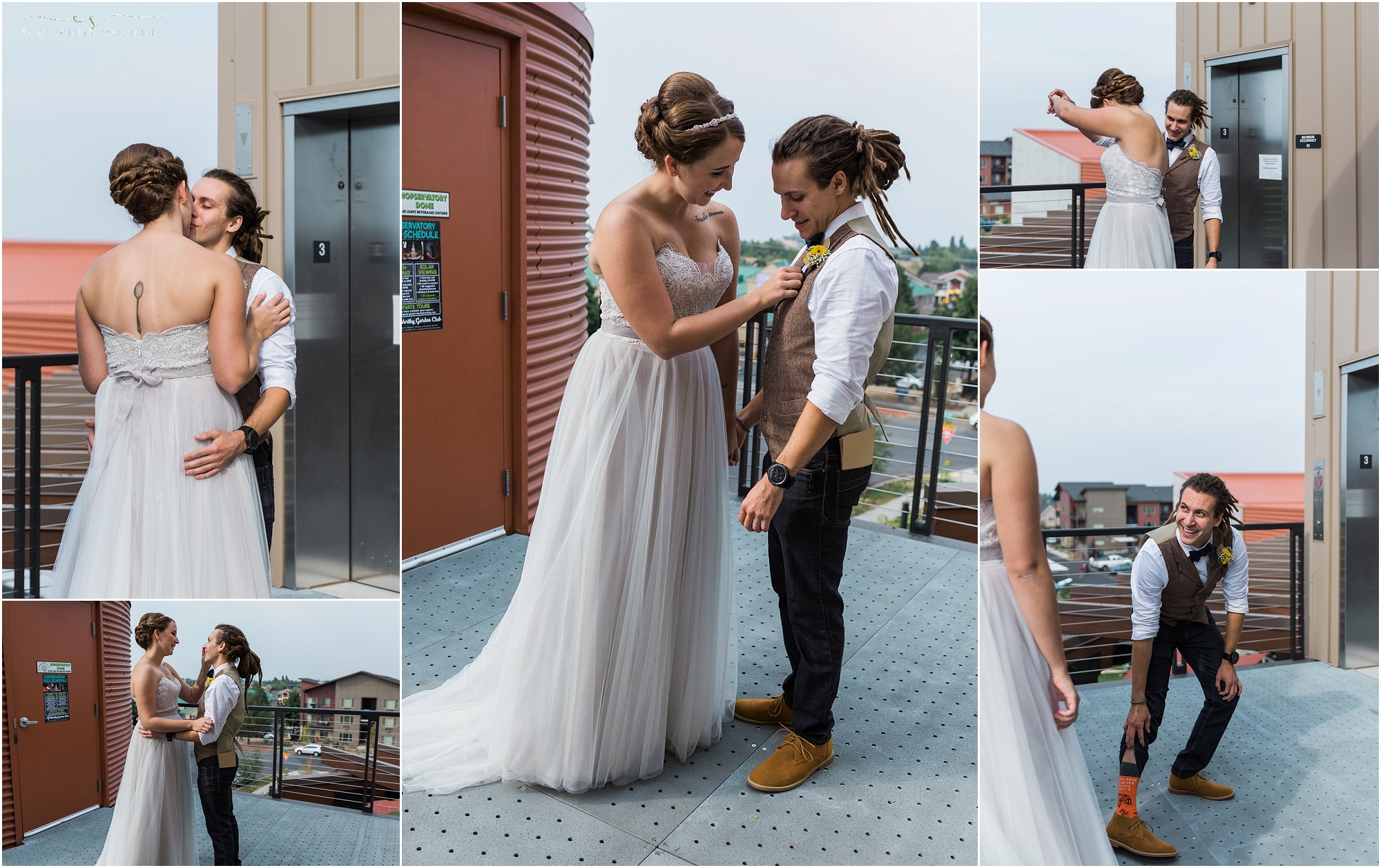A bride checks out her dashing groom wearing Prana Bridger jeans and Bruno Mark Moda Italy Urban lace up suede shoes in Camel, outside the Hopservatory for their Worthy Brewing Wedding in Bend Oregon. | Erica Swantek Photography