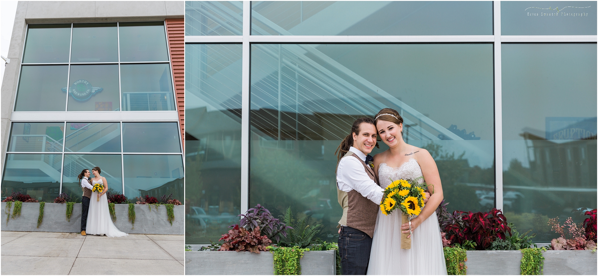 The bride and groom pose with her sunflower bouquet in front of the main entrance for their Worthy Brewing Wedding in Bend Oregon. | Erica Swantek Photography