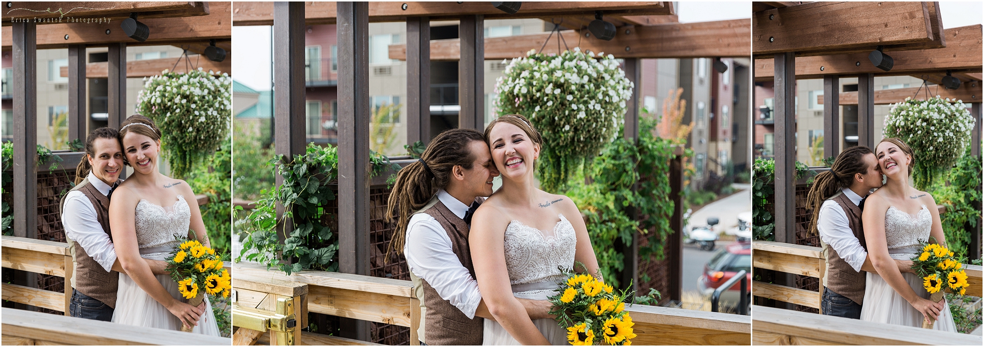 The wooden patio leading to the outside seating makes a perfect platform for romantic portraits at a Worthy Brewing Wedding in Bend Oregon. | Erica Swantek Photography