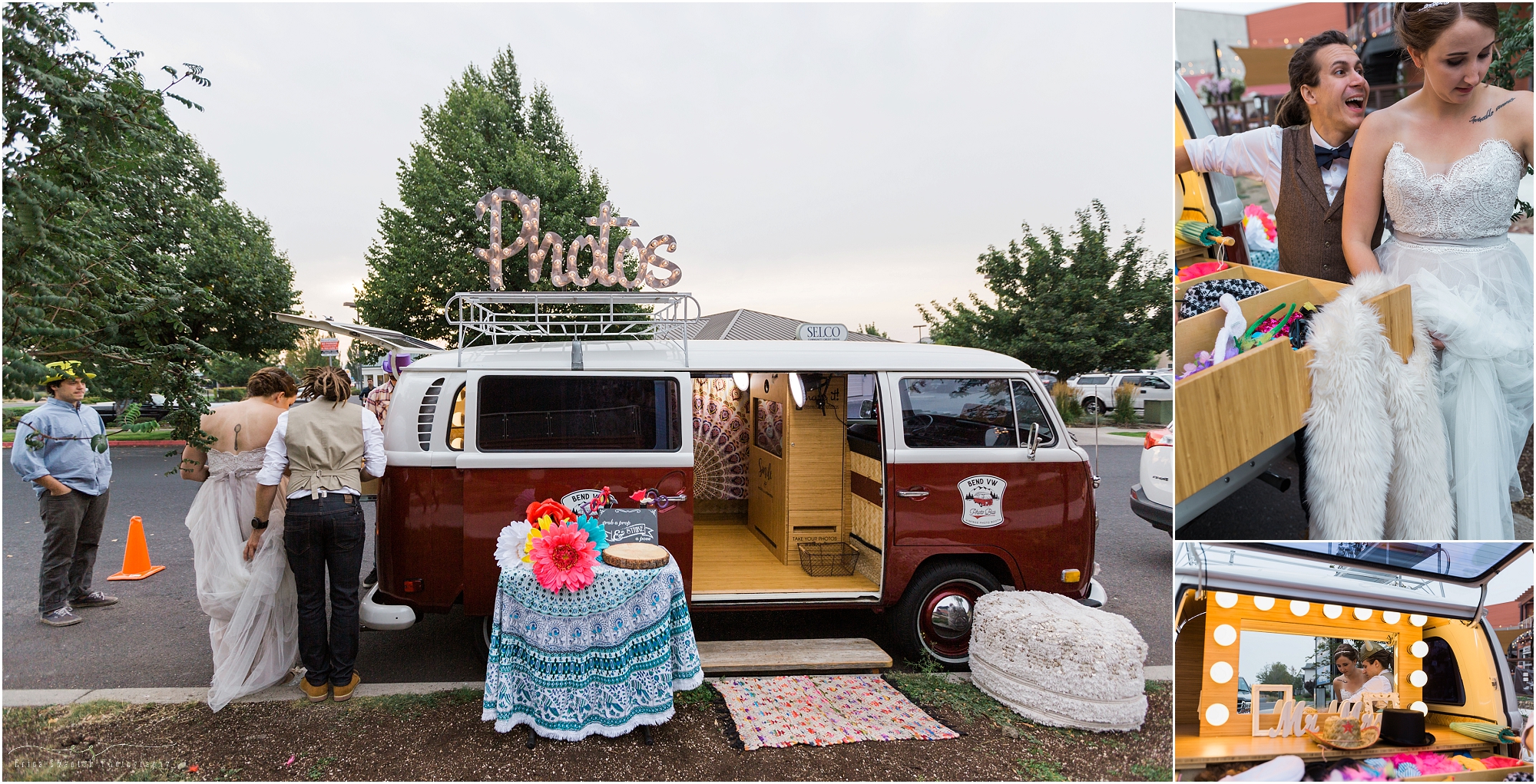 A couple gets to play with the Bend VW Photo Bus Booth set up in front of their Worthy Brewing Wedding in Bend Oregon. | Erica Swantek Photography