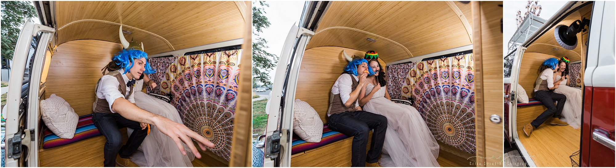 Viking helmets and blue hair look good on this groom as he poses with his bride in the Bend VW Photo Bus Booth parked outside his Worthy Brewing Wedding in Bend Oregon. | Erica Swantek Photography