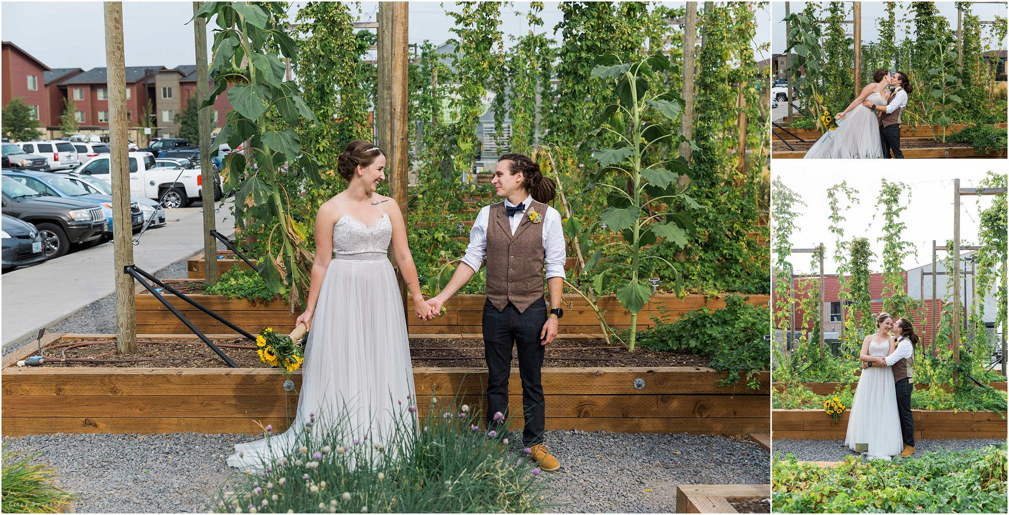 A couple poses in their wedding attire in the hop gardens at their Worthy Brewing Wedding in Bend Oregon. | Erica Swantek Photography