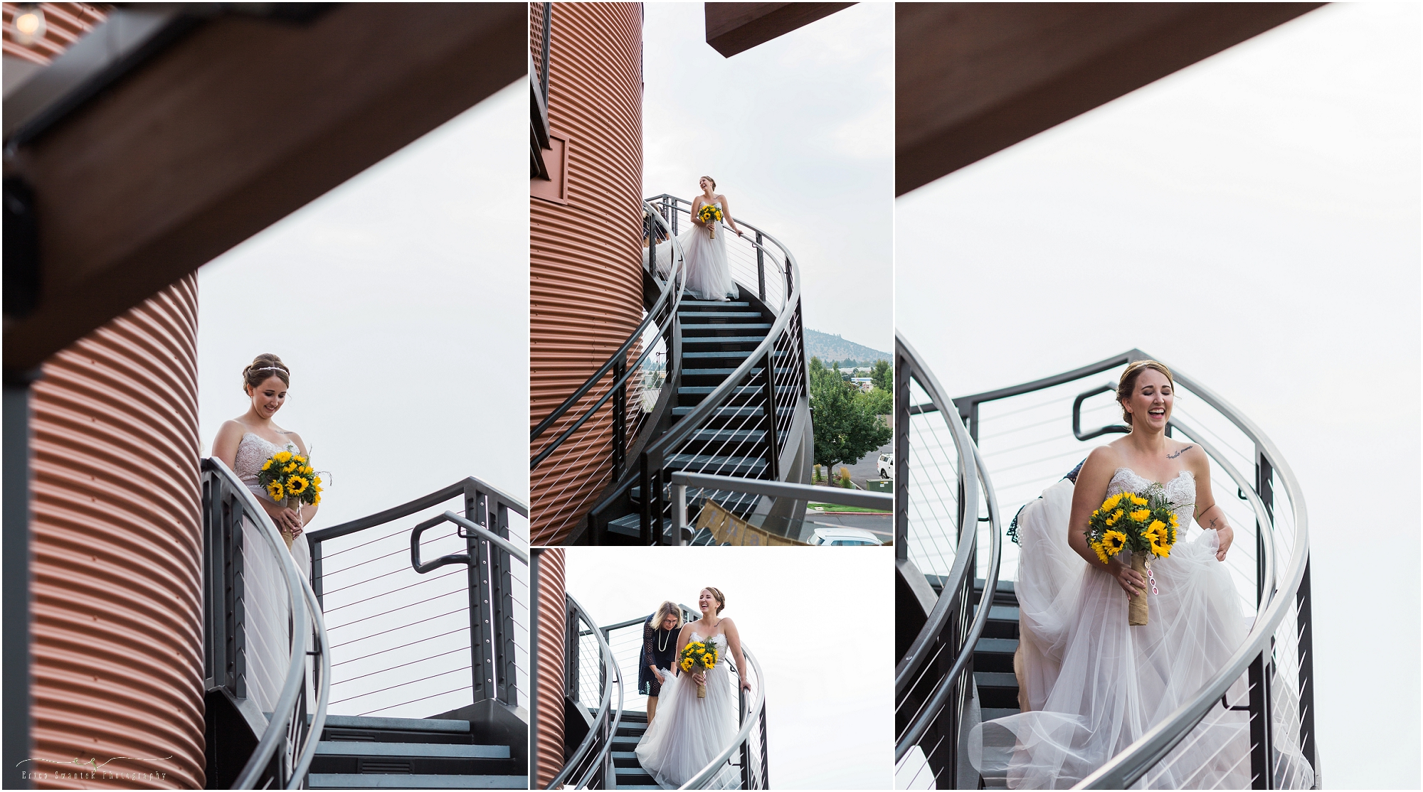 The bride walks down the spiral staircase that leads to the Hopservatory at her Worthy Brewing Wedding in Bend, Oregon. | Erica Swantek Photography