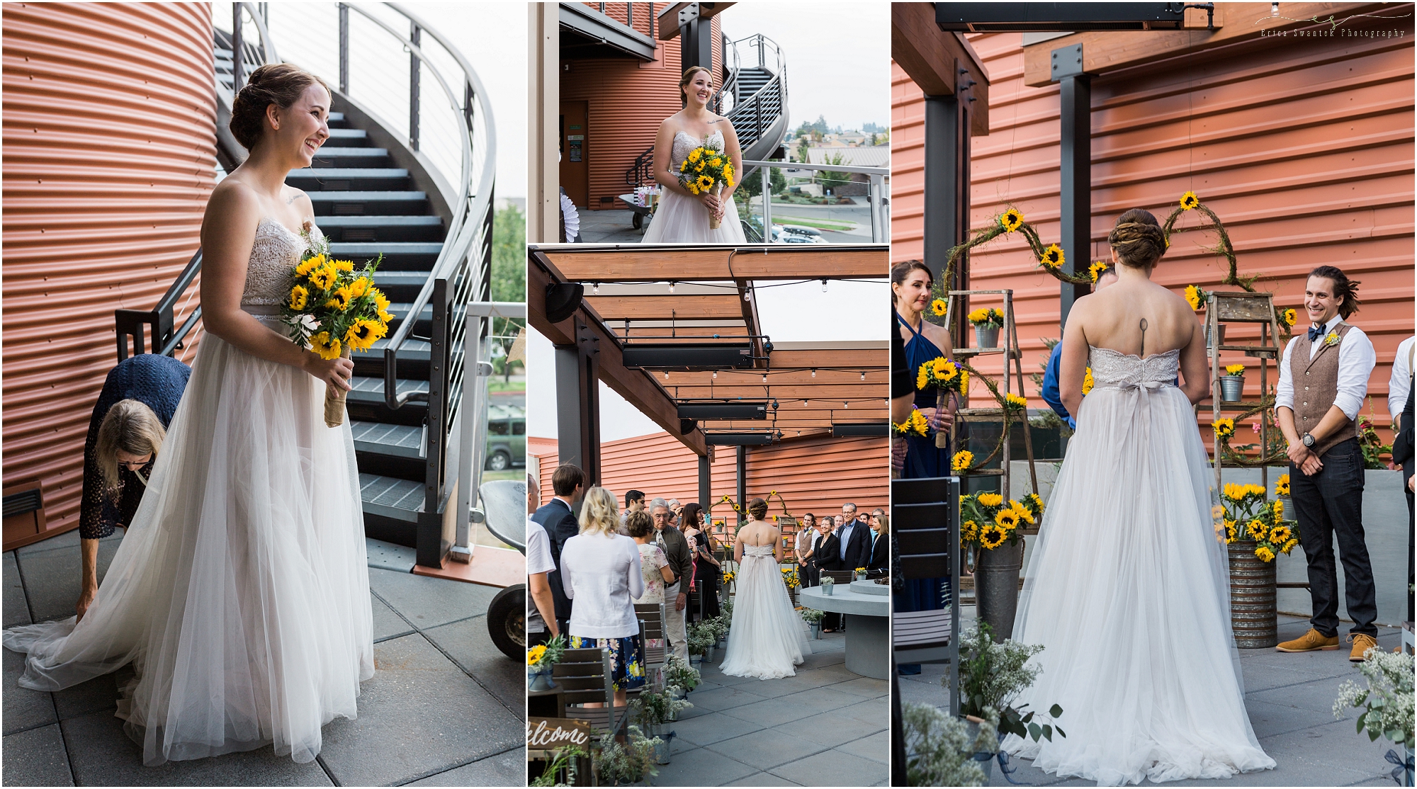 A gorgeous bride wearing an ivory gown, Della by Wtoo, walks down the aisle in the Sky Bar at her Worthy Brewing Wedding in Bend Oregon as her groom waits for her by the sunflower adorned alter. | Erica Swantek Photography
