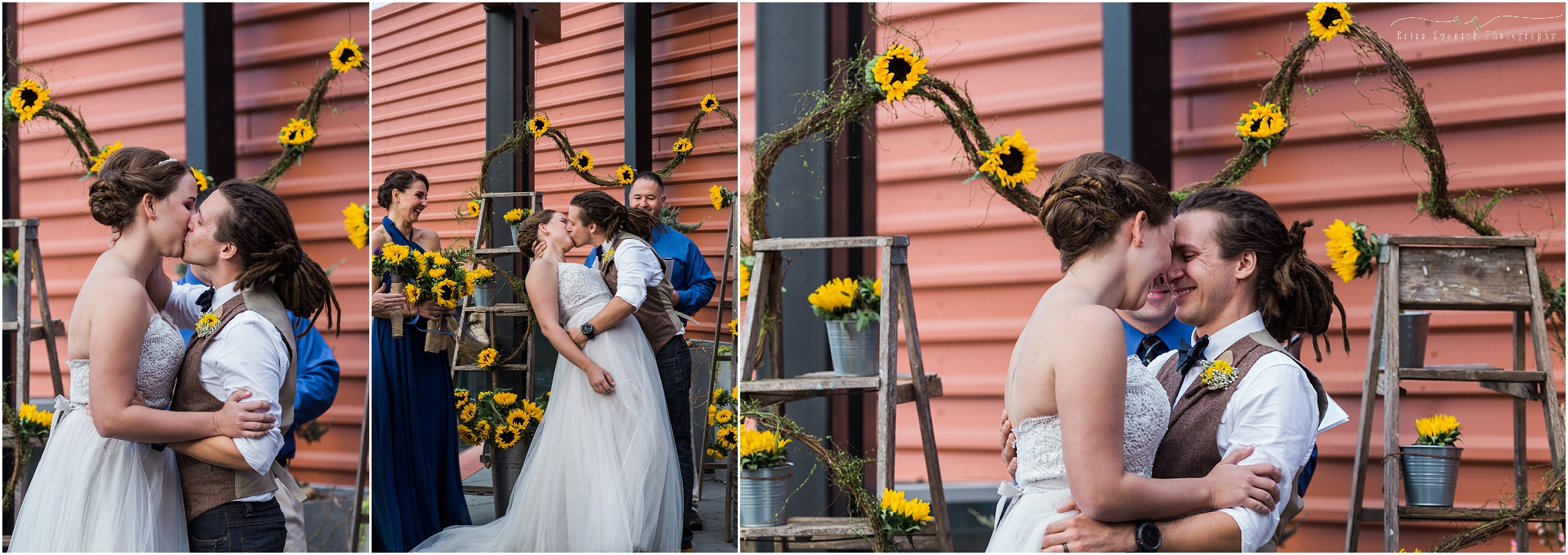 This hipster groom goes for the dip of his bride with his first kiss at his Worthy Brewing Wedding in Bend Oregon. | Erica Swantek Photography