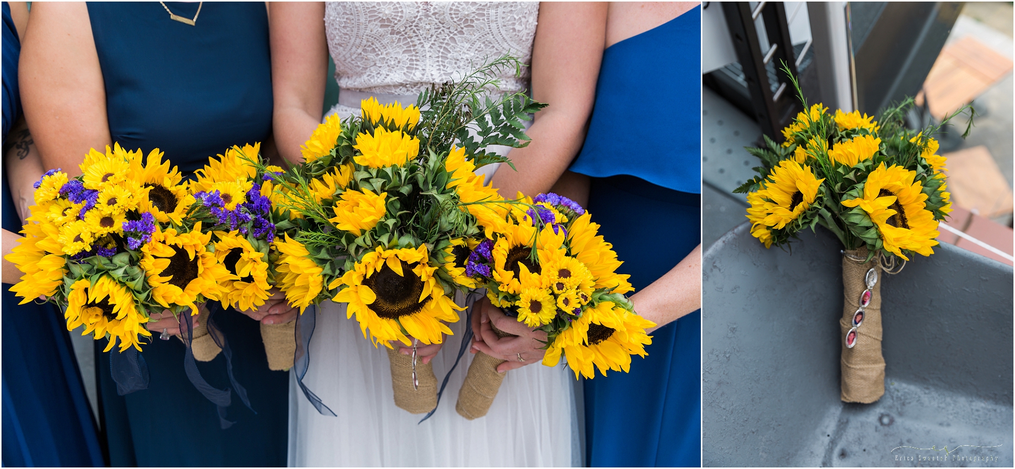 Beautiful sunflower bouquets wrapped in burlap for this Worthy Brewing Wedding in Bend Oregon. | Erica Swantek Photography