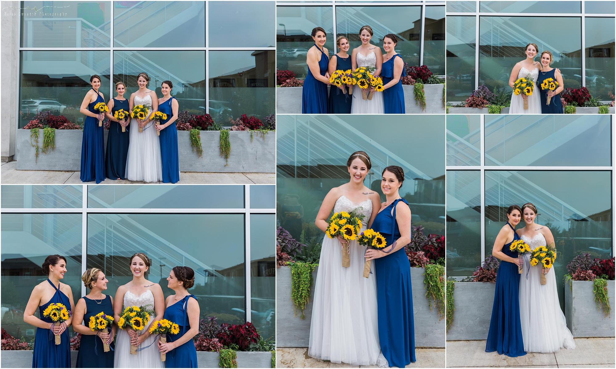 The bride poses with her bridesmaids wearing cobalt blue gowns from lulus outside the entrance at this Worthy Brewing Wedding in Bend Oregon. | Erica Swantek Photography