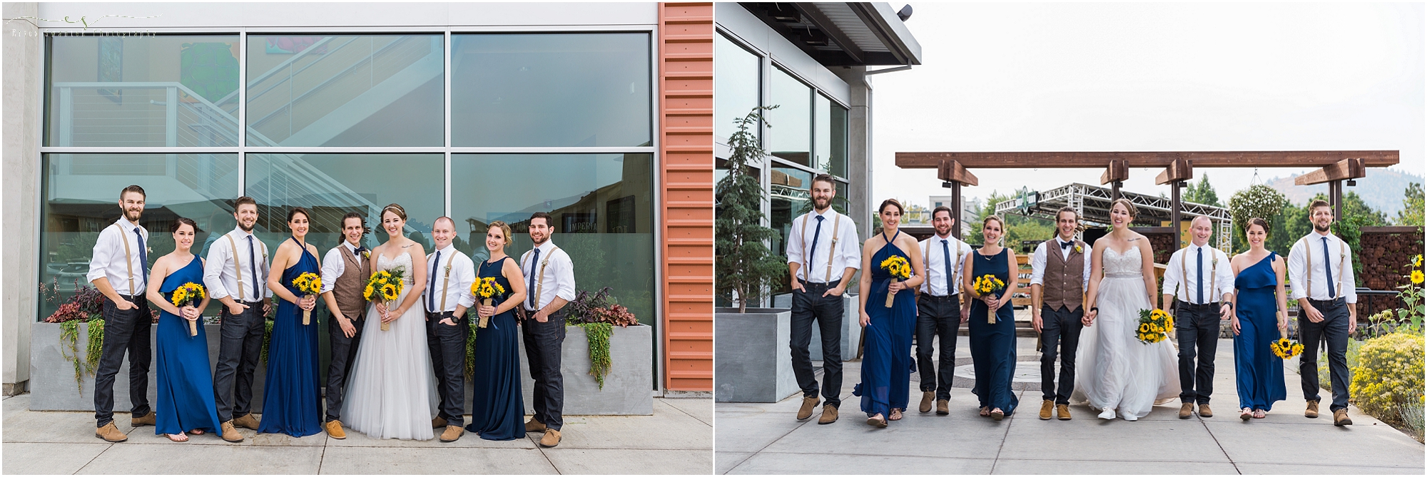 The wedding party, dressed in cobalt blue, pose outside of the brewery before this Worthy Brewing Wedding in Bend Oregon. | Erica Swantek Photography