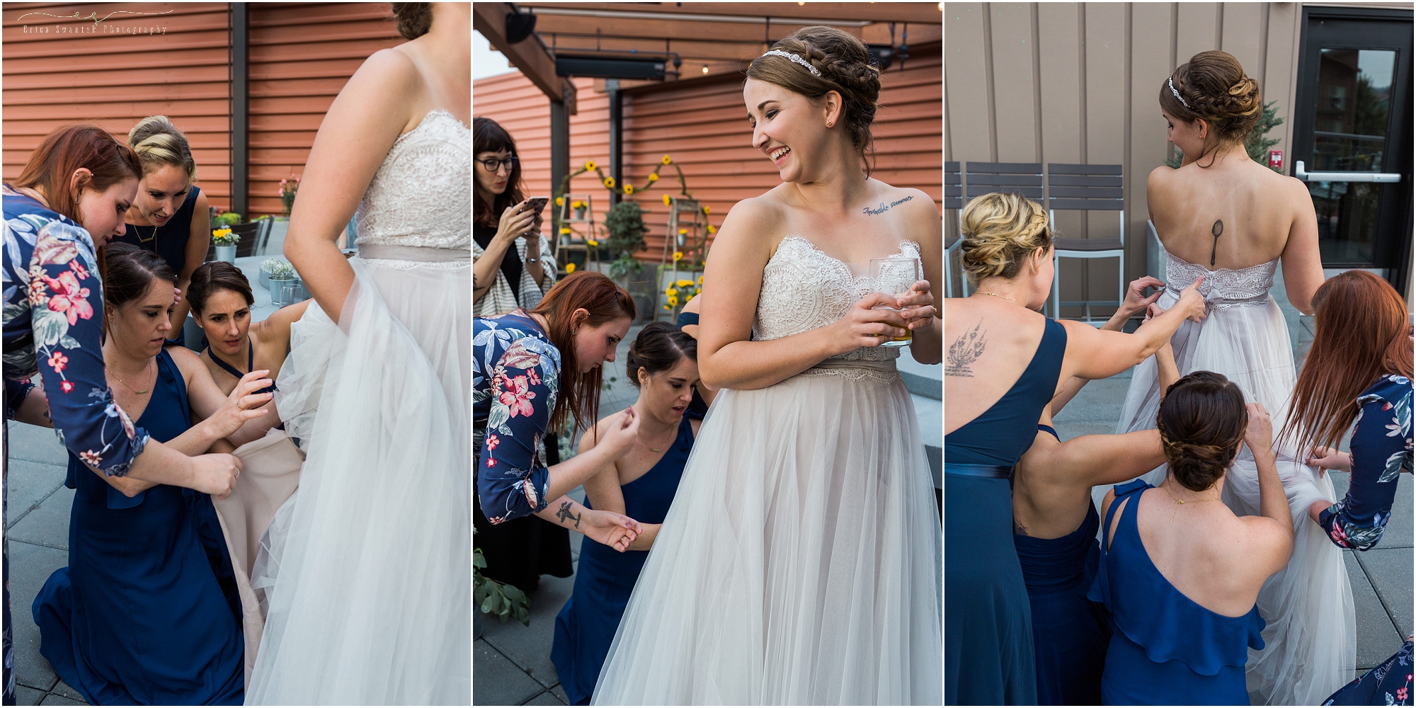 The bridemaids help the bride bustle her ivory gown by Wtoo before her reception at a Worthy Brewing Wedding in Bend, Oregon. | Erica Swantek Photography