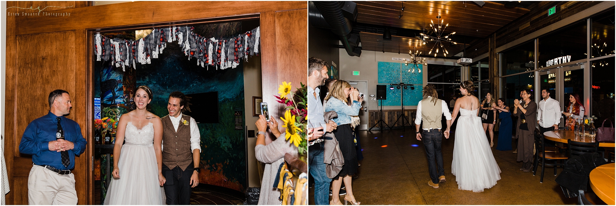A couple makes their grand entrance into the Hop Mahal reception space at their Worthy Brewing Wedding in Bend Oregon. | Erica Swantek Photography